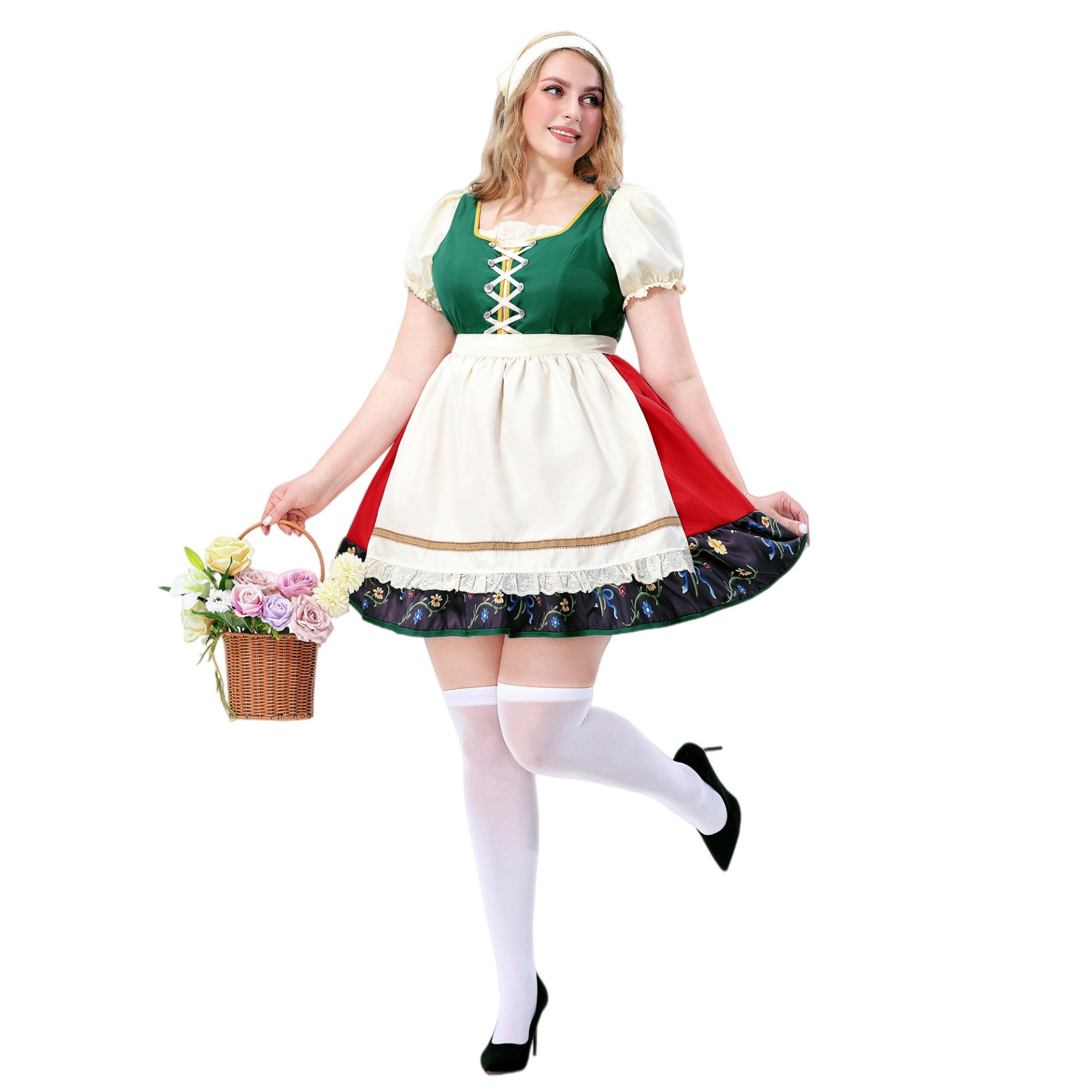 Plus Size Dirndl Dress Bavarian Oktoberfest Costume Floral Print Apron Dress